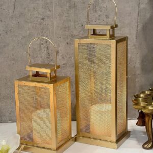 Black Metal Mesh Lantern (Set of 2) - Golden