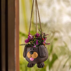 Swinging Dog Terracotta Hanging Planters for Balcony Living Room (5.5 Inch, Brown)