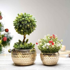 Metal Honeycomb Design Golden Planter for Home Decoration | Plant Pots for Home Living Room Bedroom Office Decor | Set of 2 (Plants not Included)