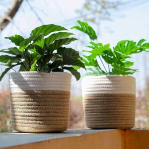 Jute & Cotton Planter Basket/Pot Bag, Plant Sack for Home Decor (Set of 2 Pcs, Beige-White, 6x6 inches)