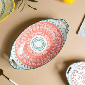 Pink and Blue Mandala Ceramic Long Dish with Handles for Serving Snacks, Appetizers, Salads, and Noodles| Microwave Safe, Dishwasher Safe (10.8 Inch)
