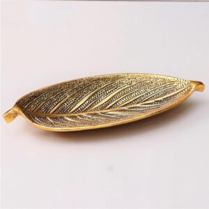 Hand Crafted Metal Leaf Shape Tray with Collectible Art Perfect for Home Centre Table Serving Dry Fruits (Golden, Pack of 1)