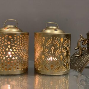 Vintage Gold Metal Tea Light Candle Holder Lanterns (Set of 2)