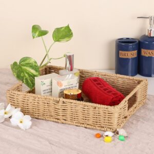 Seagrass Water Hyacinth Kauna Grass Serving Round Tray Serving Tray For Home|Dining Table Decorative Trays|Serving Tray|Platter With Handles Diwali Or Deepawali Gifts|11"X8"X3",Beige