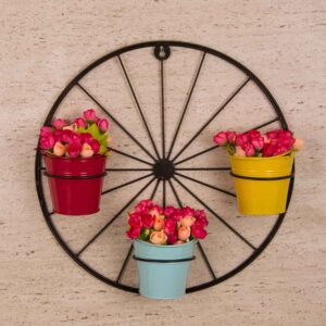 Wheel Wall Planter with Colorful Metal Pots